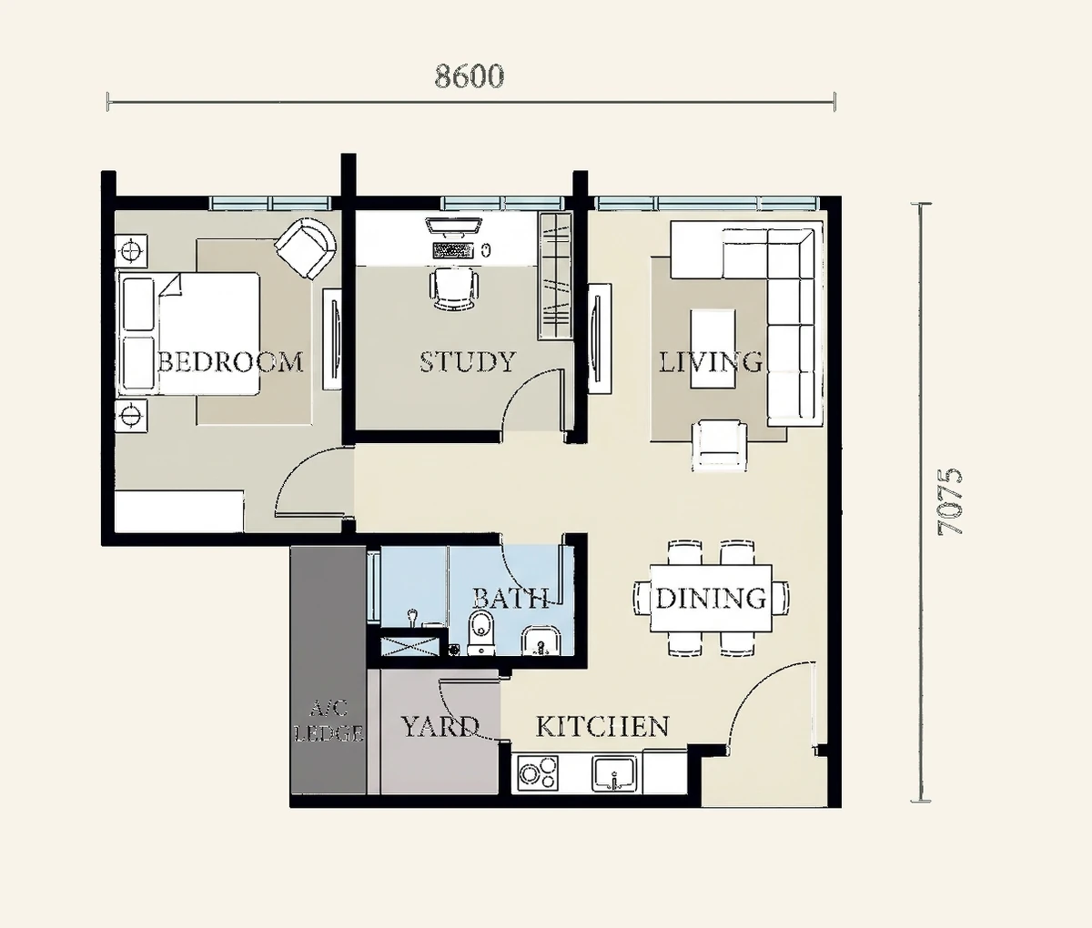 Type A floor plan, 550 sq ft, 1 bedroom 1 study